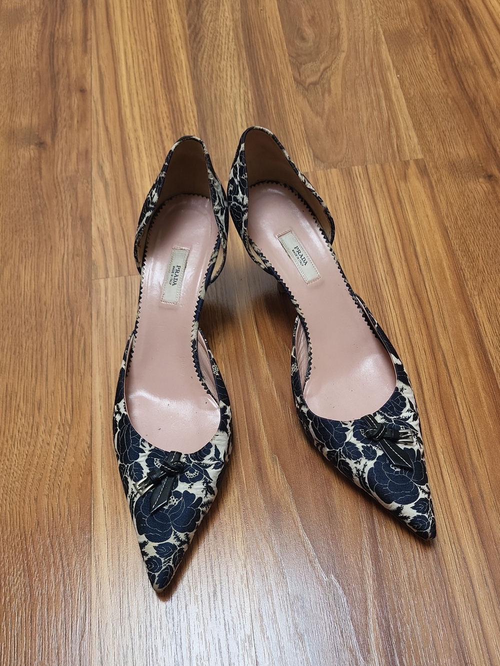 Prada Navy Blue Floral Pointed-Toe Slingback Heels with Pink Insole